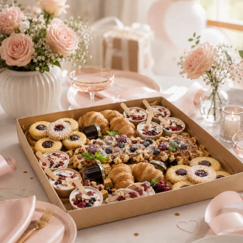 Słodki box na baby shower i wieczór panieński – croissanty, ciasteczka i desery