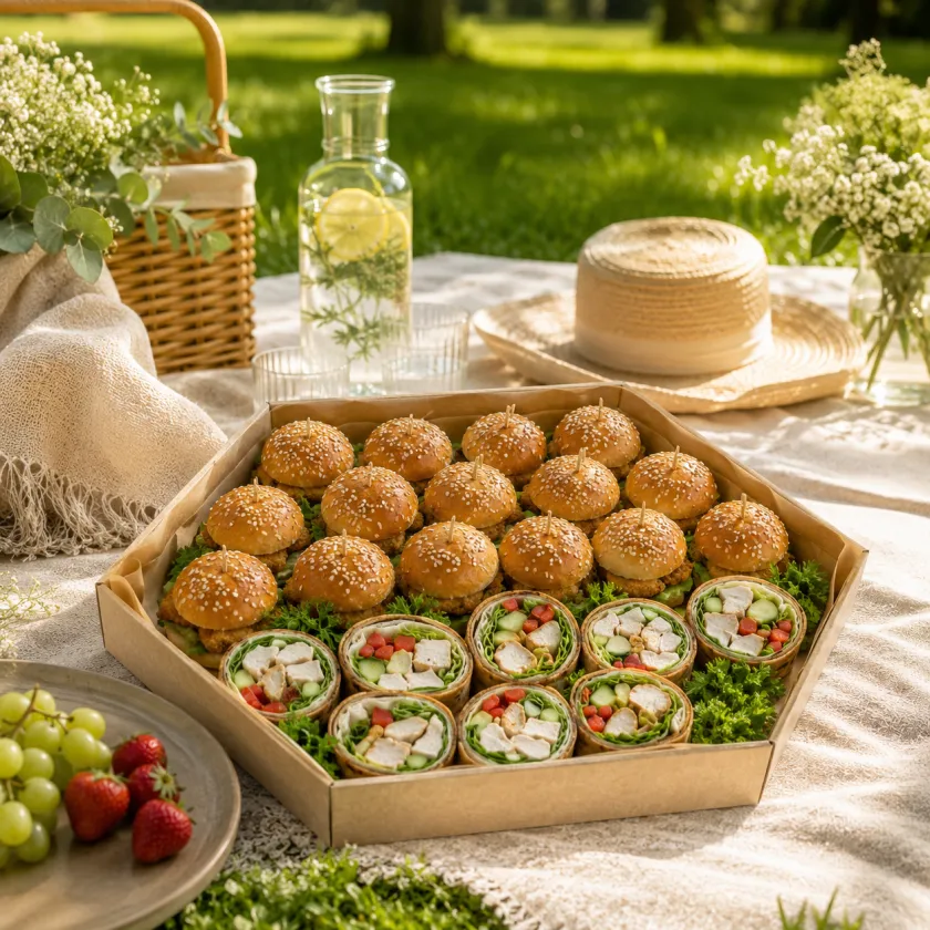 Box mini burgerów i wrapów na piknik w plenerze