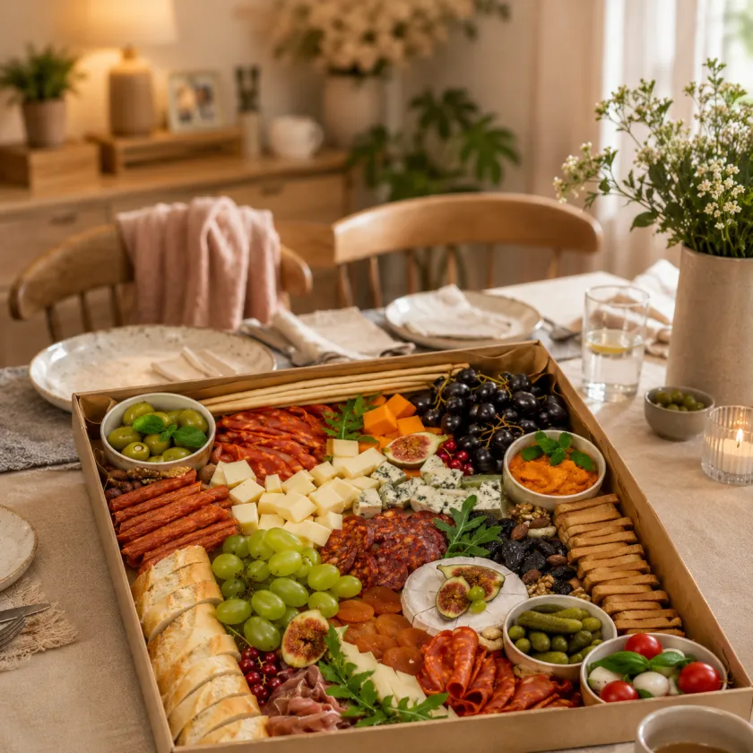Box antipasti na spotkanie rodzinne – sery, wędliny, pieczywo i owoce
